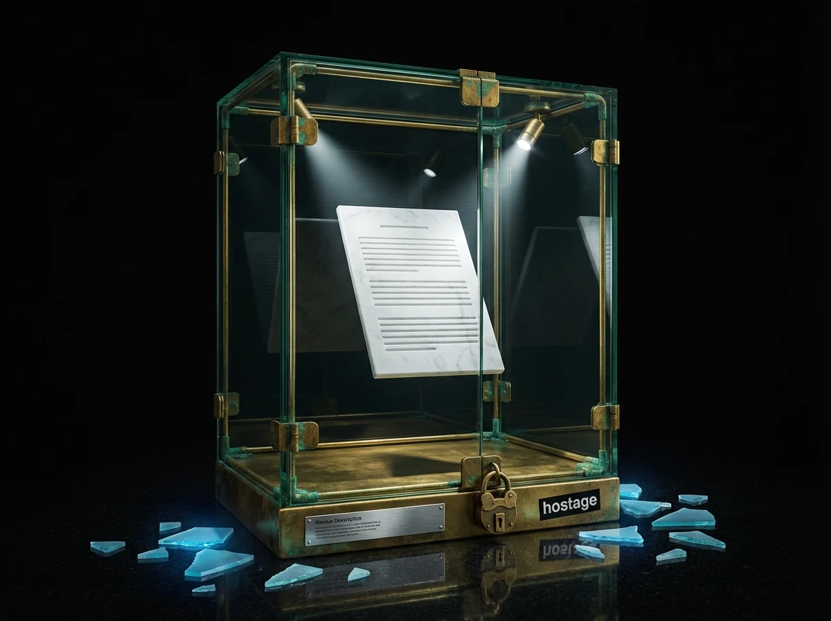 A pristine document locked in a museum vitrine while the world grows wild around it.