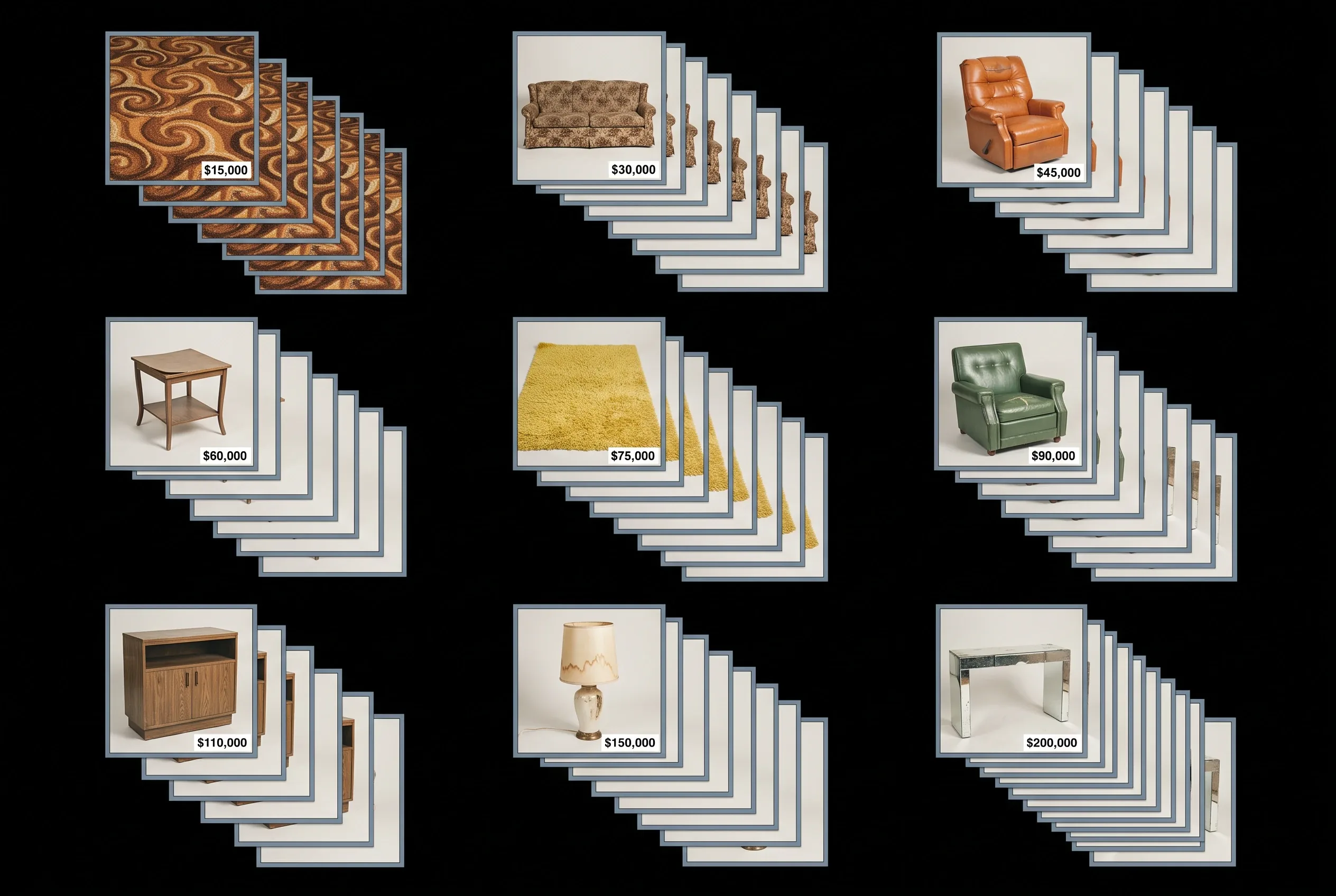 Nine pieces of furniture nobody wanted, each one bought over and over, priced from $15,000 to $200,000