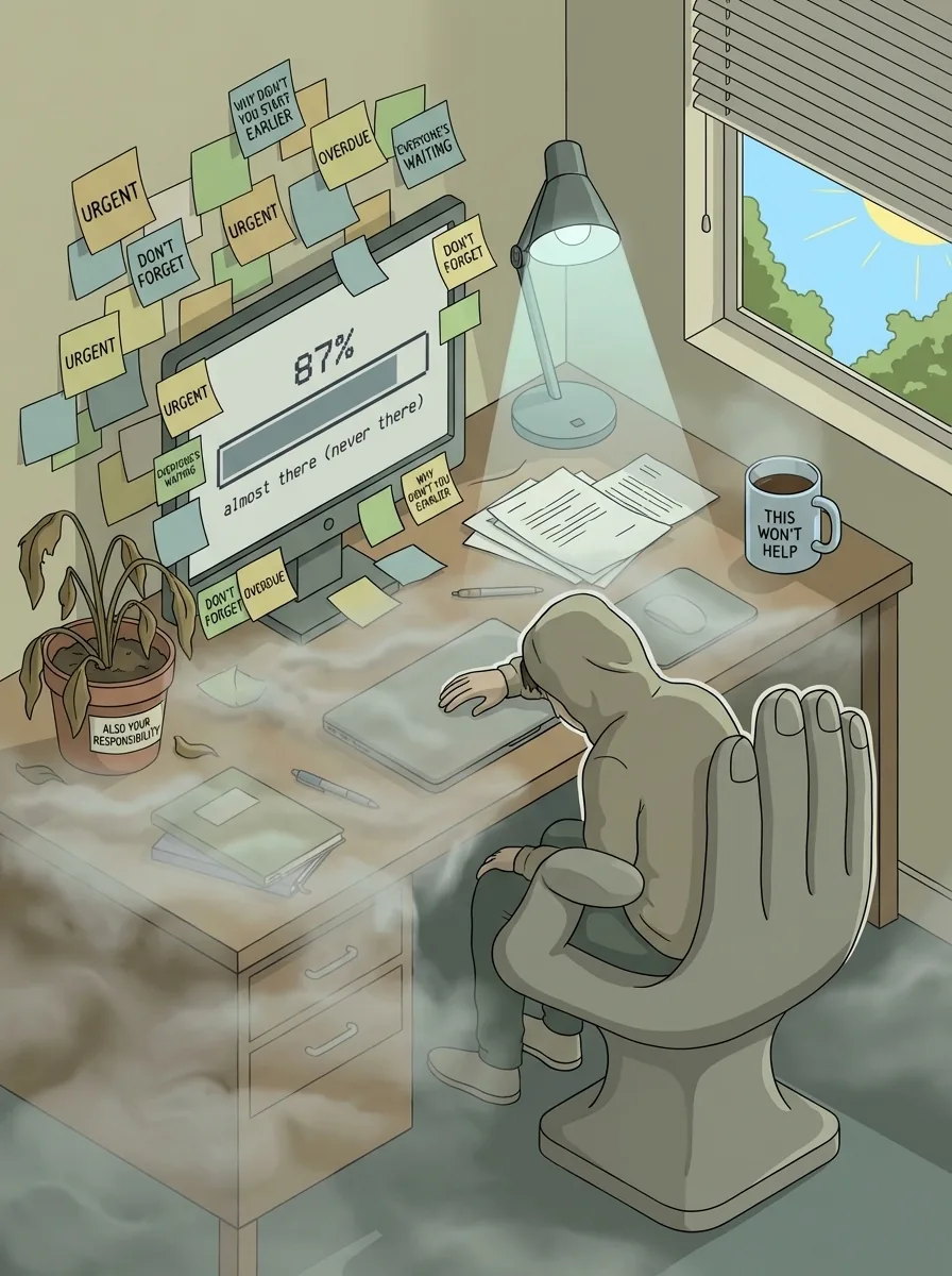 A person hunched at a desk in the fog, walls papered with URGENT and OVERDUE notes, a progress bar stuck at 87 percent reading almost there, never there