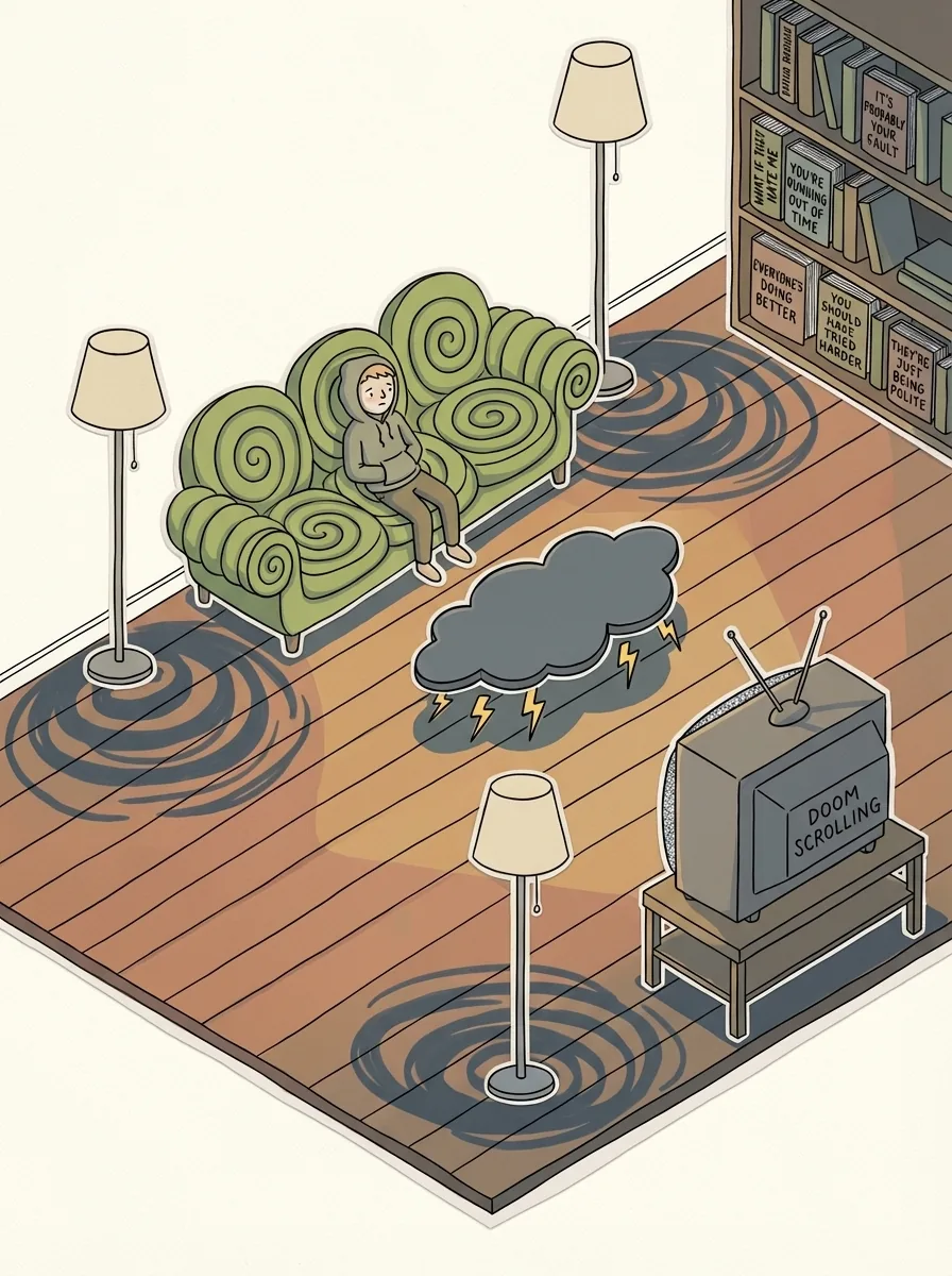 An isometric room furnished with worry: a sofa built from rolls of ugly carpet, a storm cloud on the floor, a television playing doom scrolling