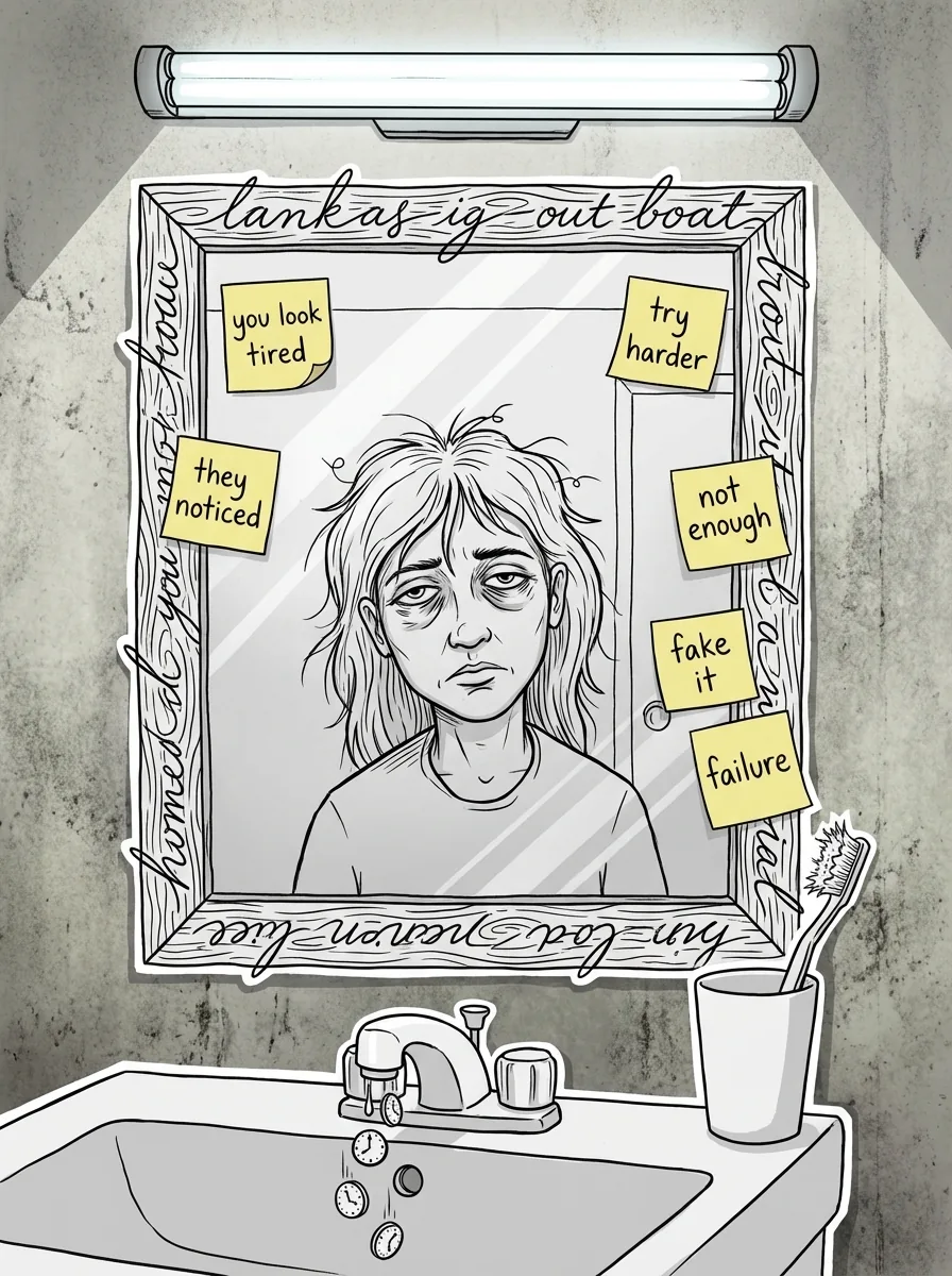 A bathroom mirror covered in sticky notes reading you look tired, try harder, not enough, fake it, failure